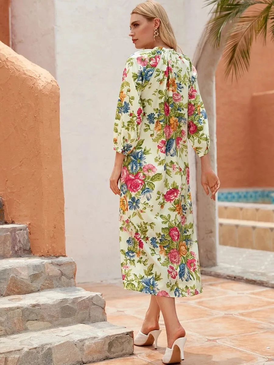 CM-DS706177 Women Trendy Bohemian Style Long Sleeve Floral Print Half Button Dress
