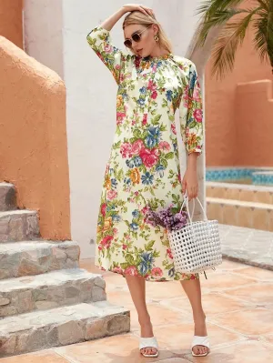 CM-DS706177 Women Trendy Bohemian Style Long Sleeve Floral Print Half Button Dress