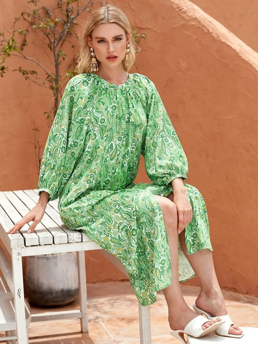 CM-DS706902 Women Trendy Bohemian Style Paisley Print Bishop Sleeve Tunic Dress - Green