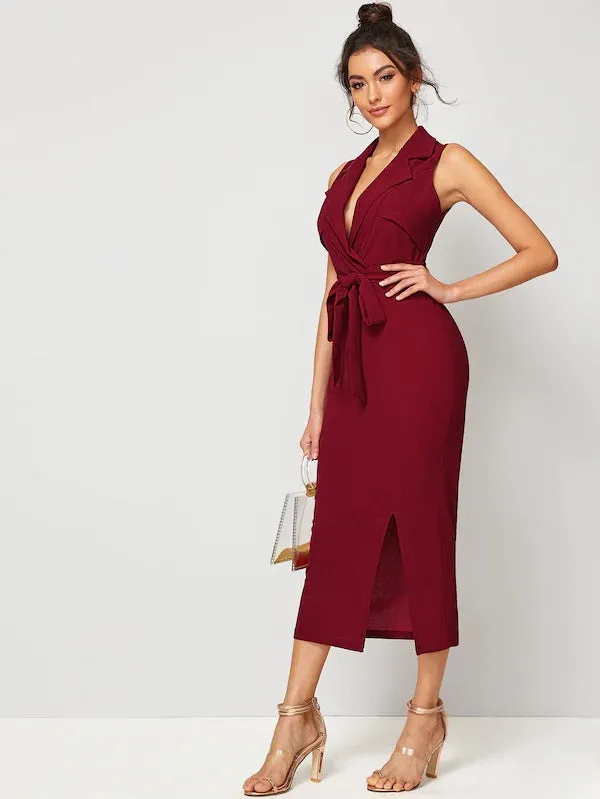 CM-DS722749 Women Casual Seoul Style Sleeveless Notch Collar Split Hem Wrap Belted Dress - Wine Red