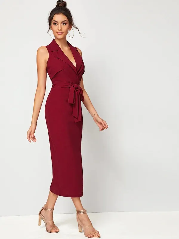 CM-DS722749 Women Casual Seoul Style Sleeveless Notch Collar Split Hem Wrap Belted Dress - Wine Red