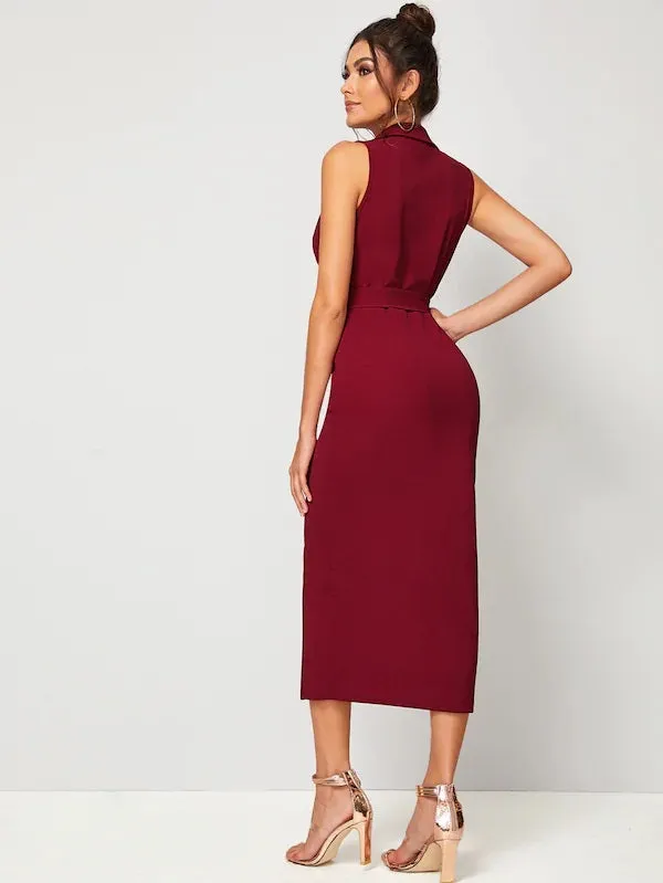 CM-DS722749 Women Casual Seoul Style Sleeveless Notch Collar Split Hem Wrap Belted Dress - Wine Red