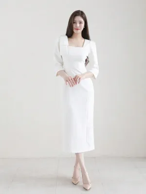 CM-DS727052 Women Elegant Seoul Style Bow Tie Waist Fitted Long Dress - White