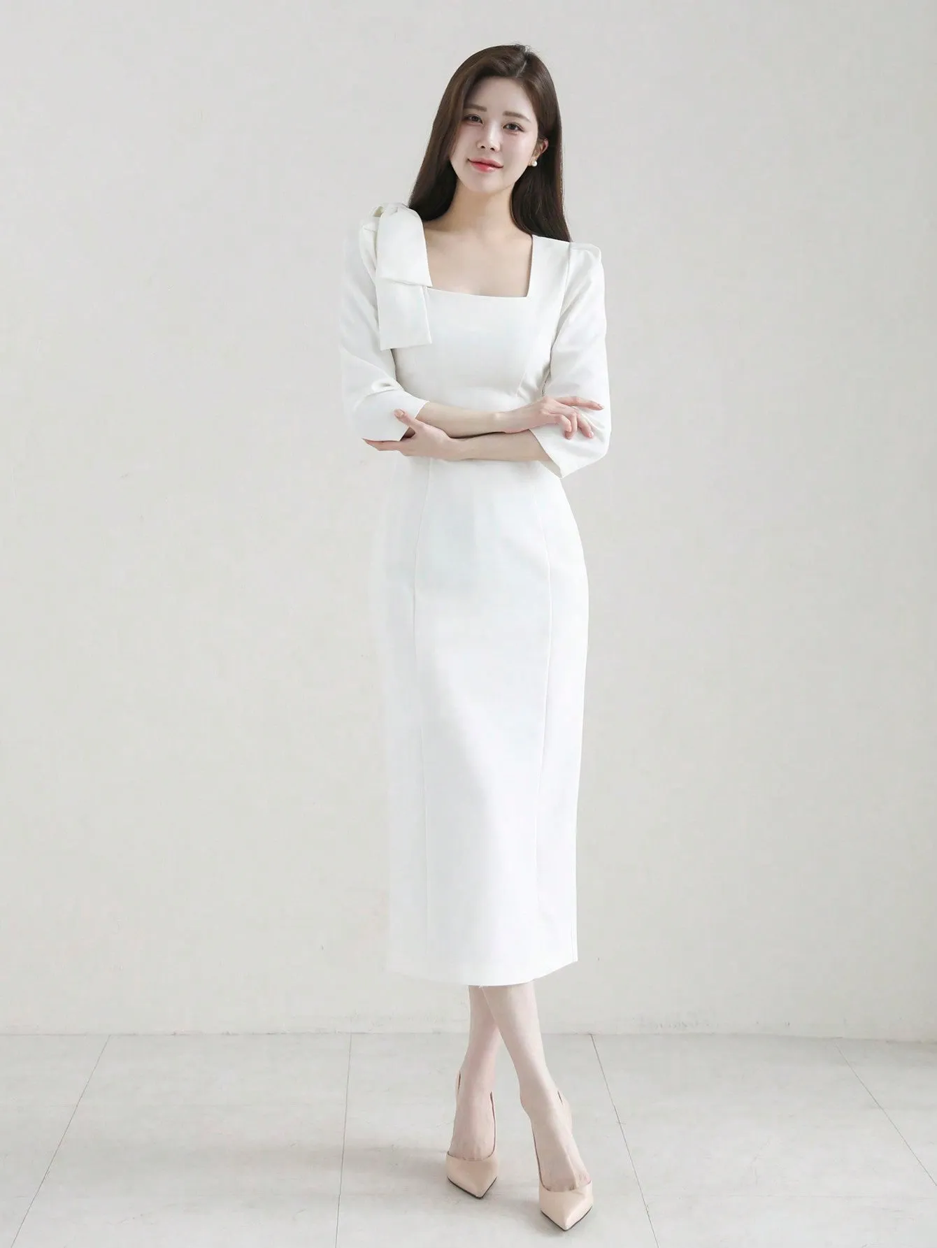 CM-DS727052 Women Elegant Seoul Style Bow Tie Waist Fitted Long Dress - White