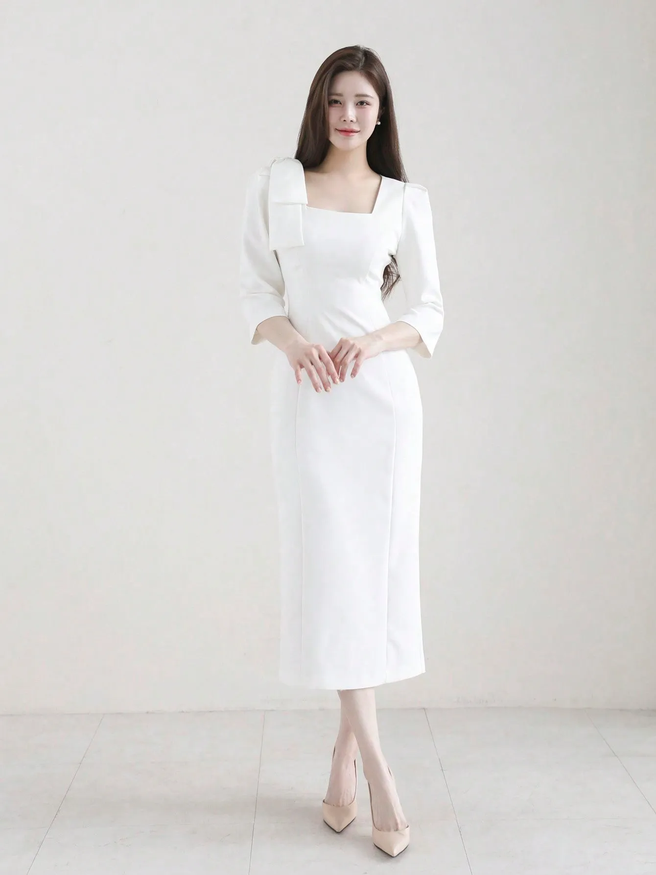 CM-DS727052 Women Elegant Seoul Style Bow Tie Waist Fitted Long Dress - White
