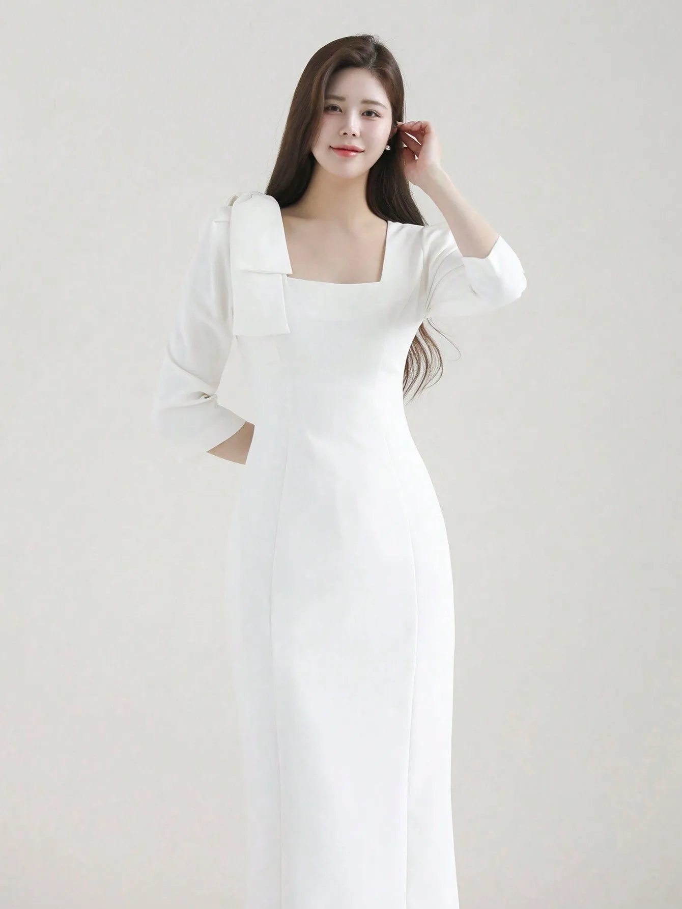 CM-DS727052 Women Elegant Seoul Style Bow Tie Waist Fitted Long Dress - White