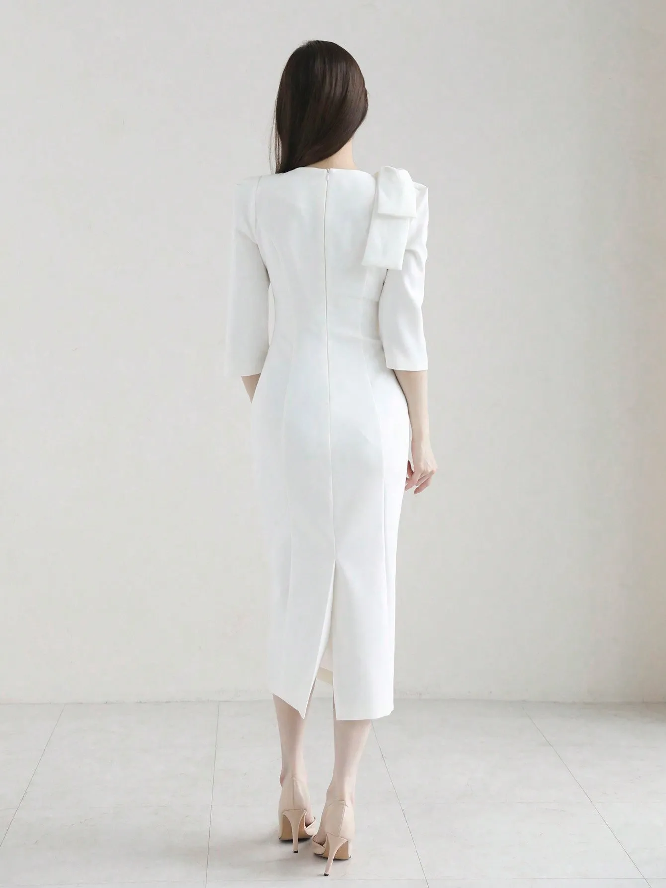 CM-DS727052 Women Elegant Seoul Style Bow Tie Waist Fitted Long Dress - White