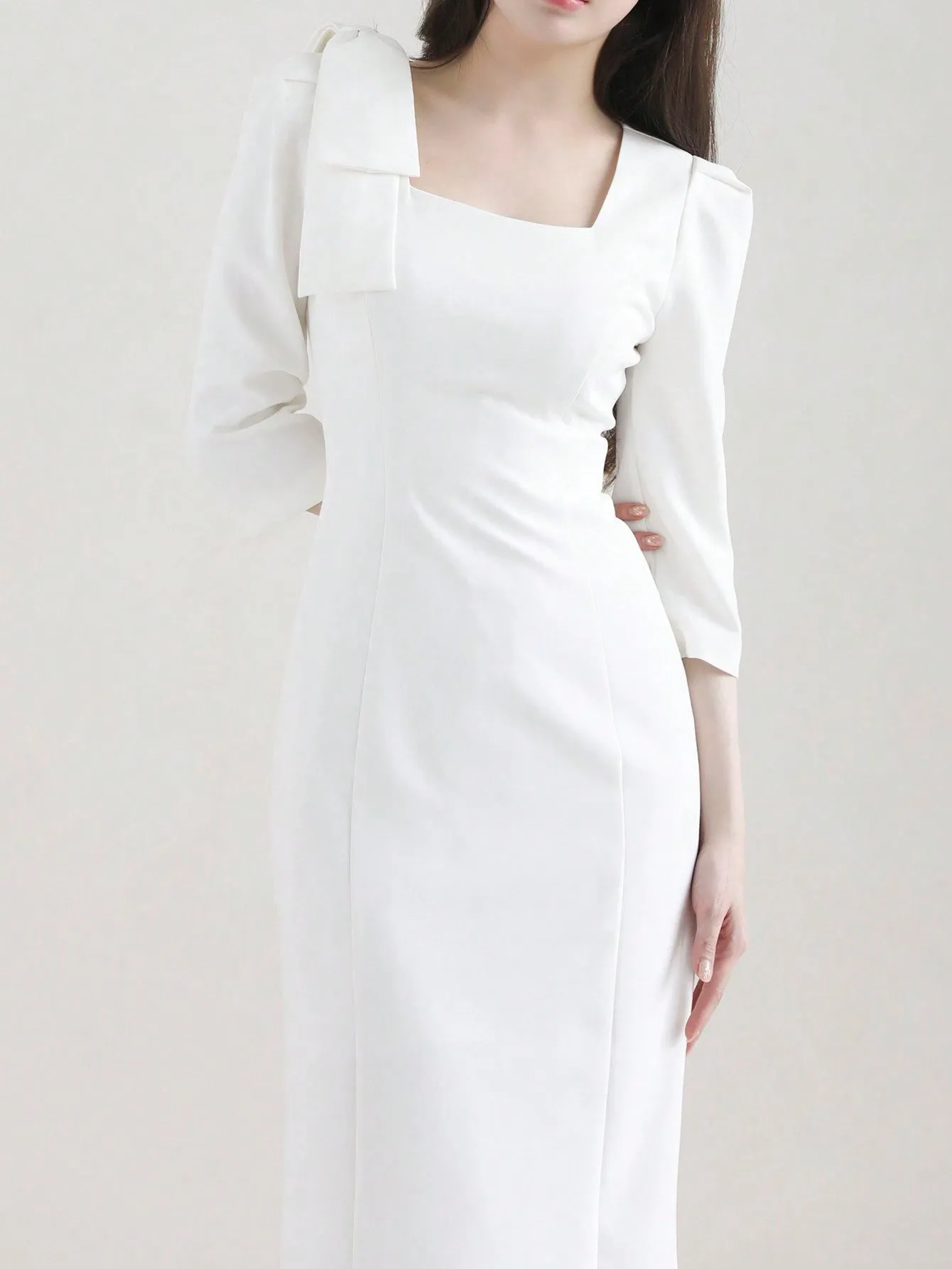 CM-DS727052 Women Elegant Seoul Style Bow Tie Waist Fitted Long Dress - White