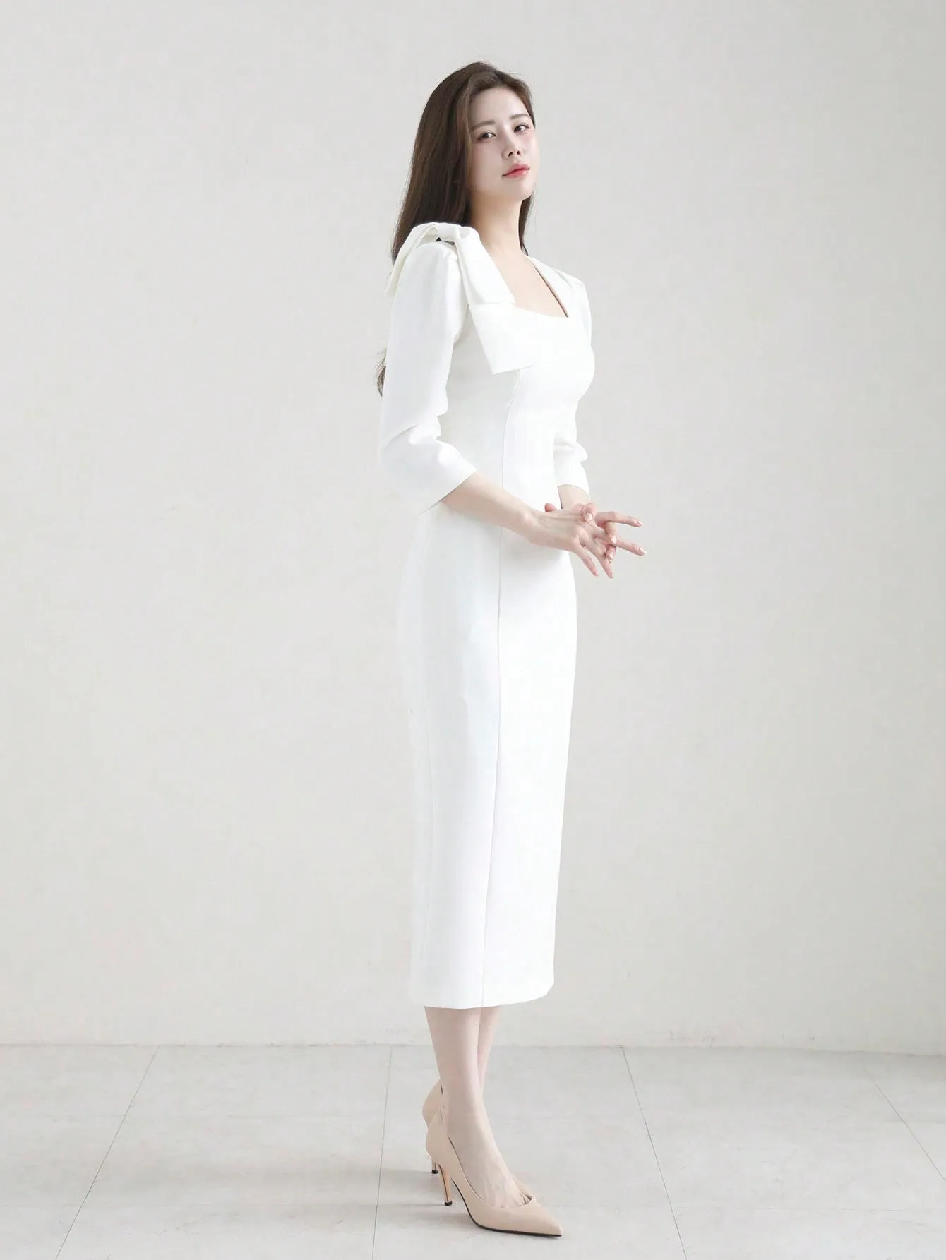 CM-DS727052 Women Elegant Seoul Style Bow Tie Waist Fitted Long Dress - White