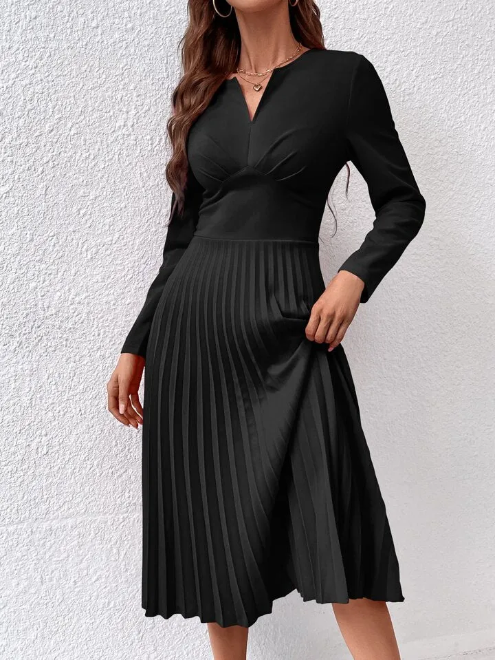 CM-DS747323 Women Elegant Seoul Style Sleeveless Notched Neckline Pleated Hem Dress - Black