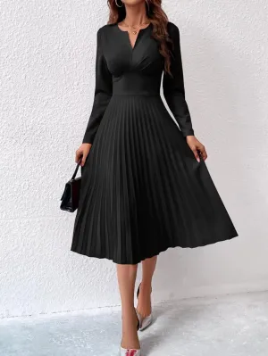 CM-DS747323 Women Elegant Seoul Style Sleeveless Notched Neckline Pleated Hem Dress - Black