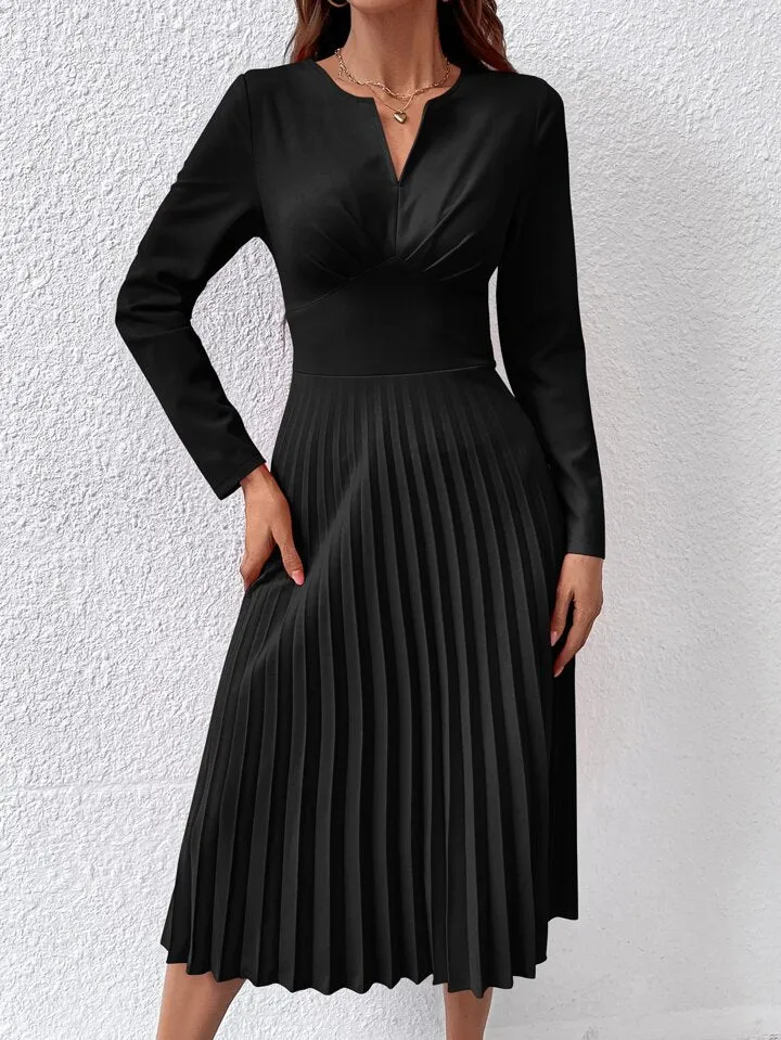 CM-DS747323 Women Elegant Seoul Style Sleeveless Notched Neckline Pleated Hem Dress - Black