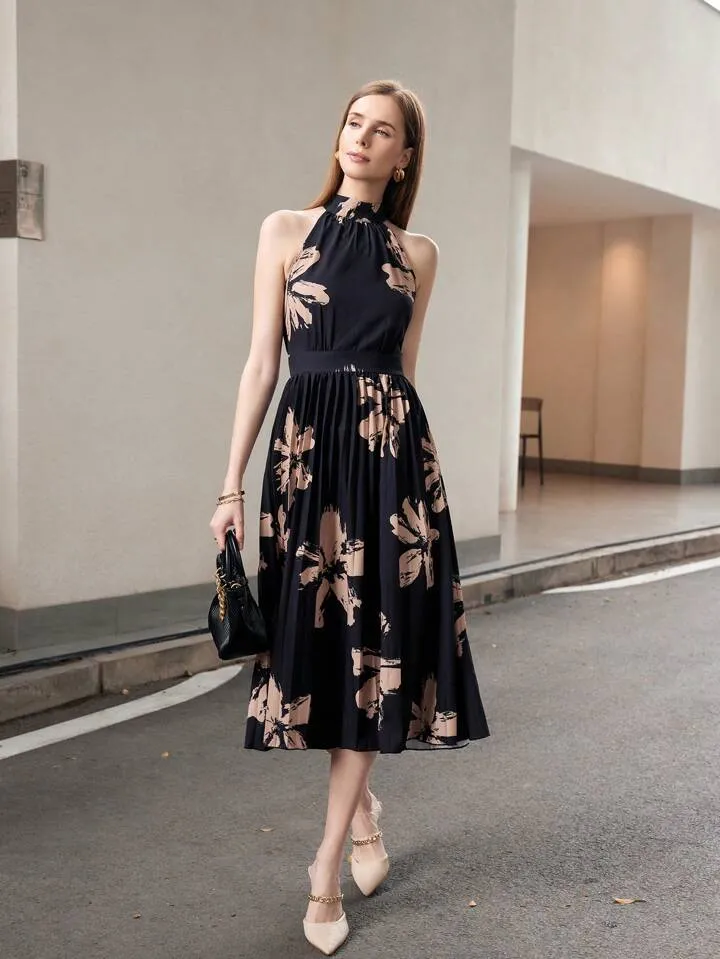 CM-DS755117 Women Casual Seoul Style Strappy Sleeveless Tie Back Pleated Long Dress - Black