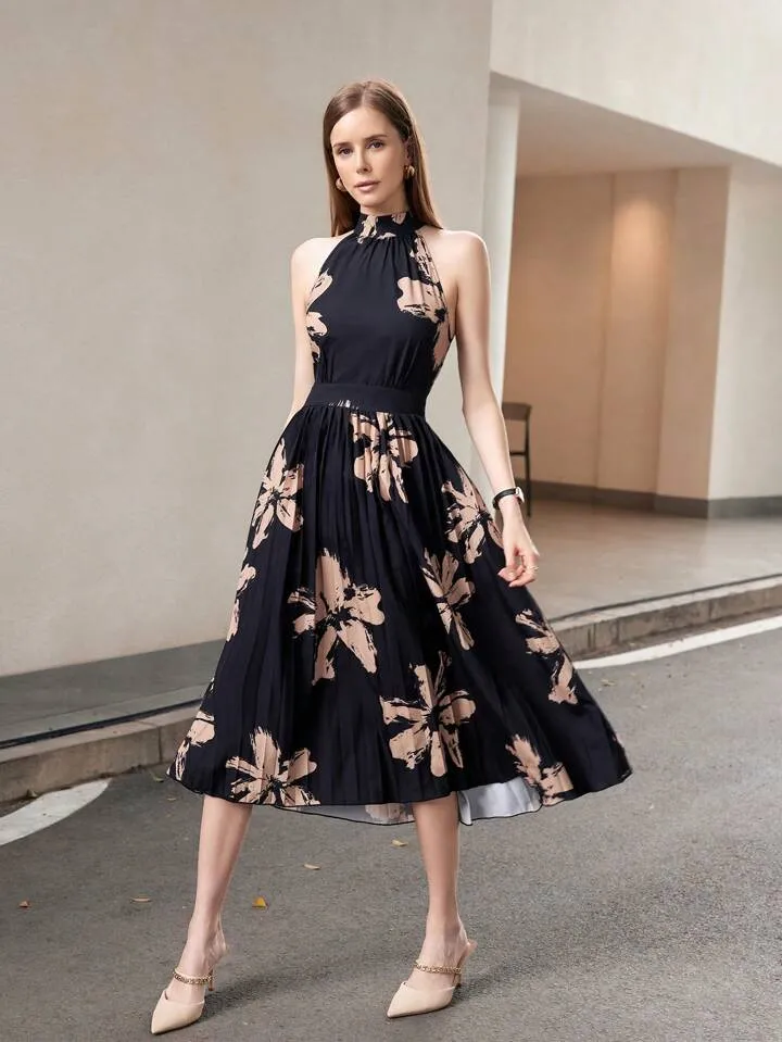 CM-DS755117 Women Casual Seoul Style Strappy Sleeveless Tie Back Pleated Long Dress - Black