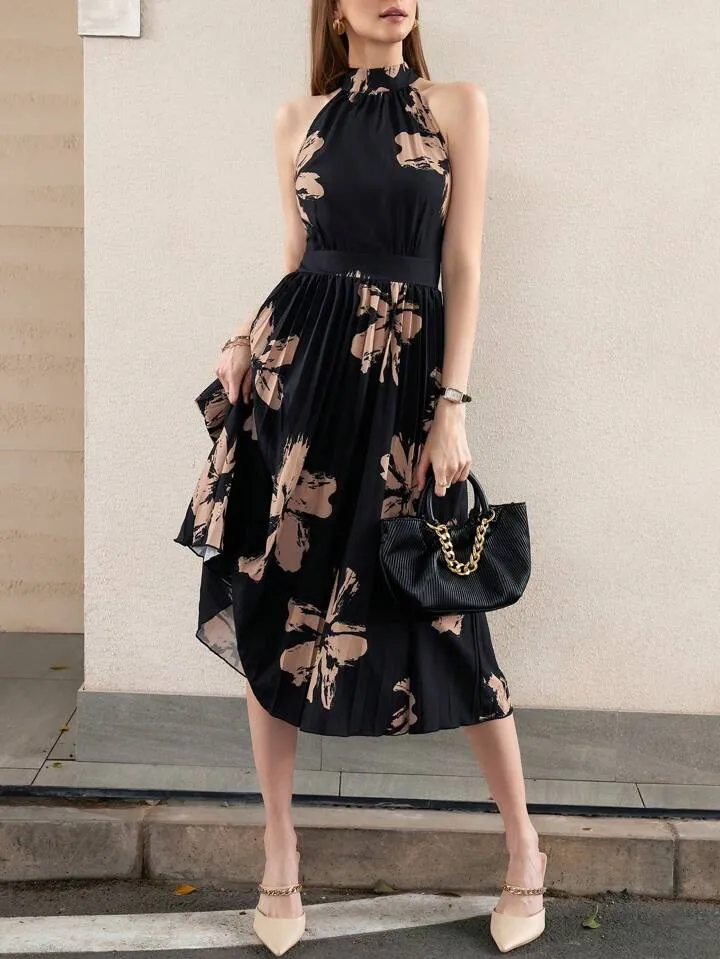 CM-DS755117 Women Casual Seoul Style Strappy Sleeveless Tie Back Pleated Long Dress - Black