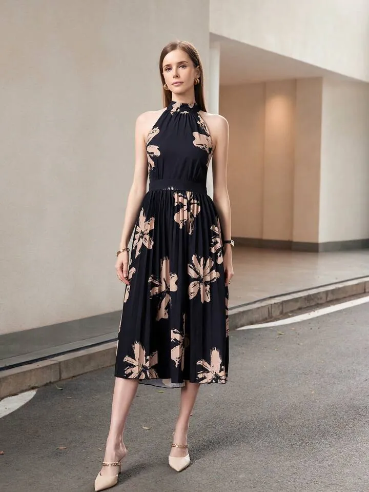 CM-DS755117 Women Casual Seoul Style Strappy Sleeveless Tie Back Pleated Long Dress - Black