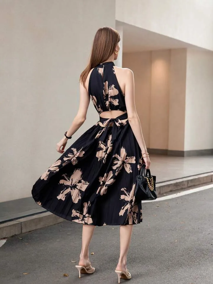 CM-DS755117 Women Casual Seoul Style Strappy Sleeveless Tie Back Pleated Long Dress - Black