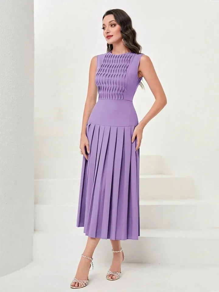 CM-DS783191 Women Elegant Seoul Style Sleeveless Solid Pleated Hem Dress - Purple