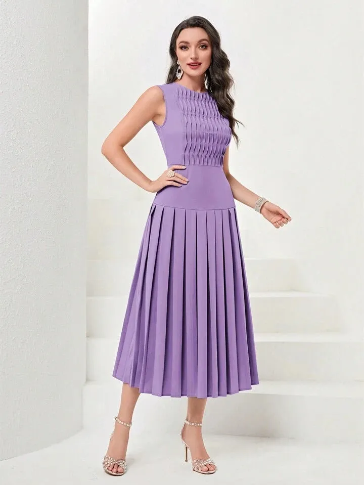 CM-DS783191 Women Elegant Seoul Style Sleeveless Solid Pleated Hem Dress - Purple