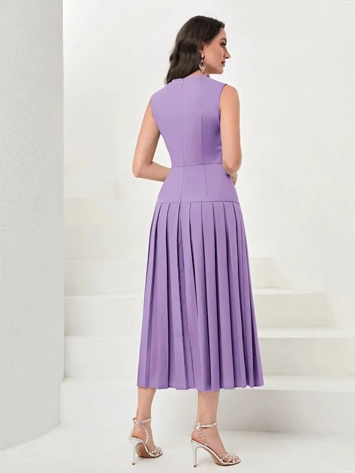 CM-DS783191 Women Elegant Seoul Style Sleeveless Solid Pleated Hem Dress - Purple
