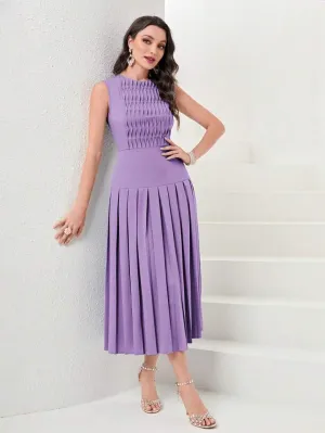 CM-DS783191 Women Elegant Seoul Style Sleeveless Solid Pleated Hem Dress - Purple