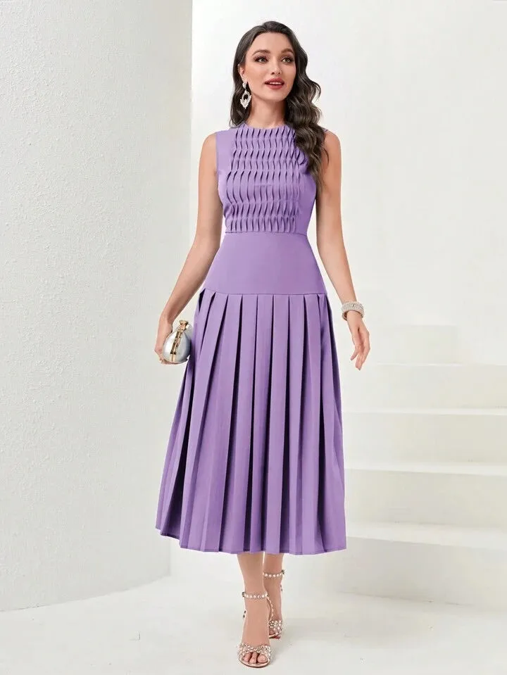 CM-DS783191 Women Elegant Seoul Style Sleeveless Solid Pleated Hem Dress - Purple