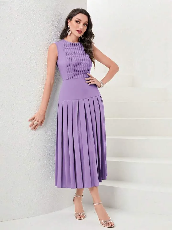 CM-DS783191 Women Elegant Seoul Style Sleeveless Solid Pleated Hem Dress - Purple
