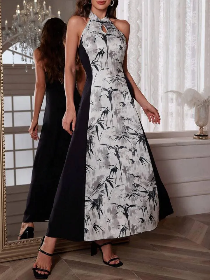 CM-DS789488 Women Elegangt Seoul Style Keyhole Neckline Sleeveless Printed Flared Hem Dress