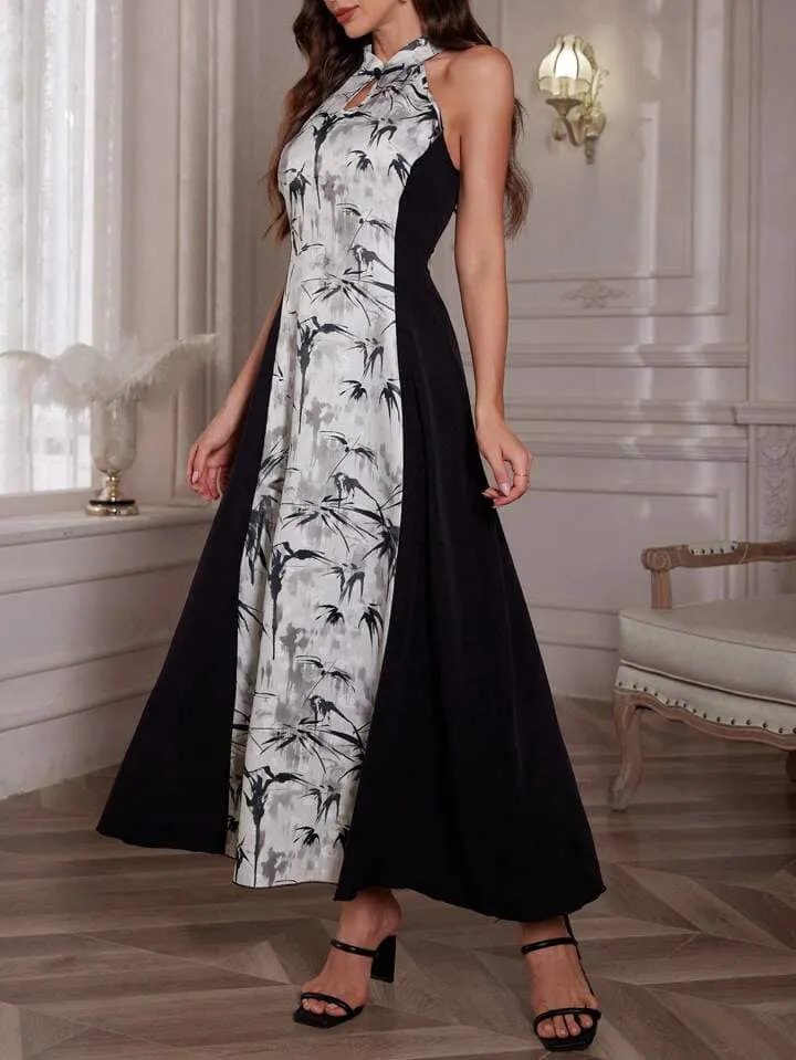 CM-DS789488 Women Elegangt Seoul Style Keyhole Neckline Sleeveless Printed Flared Hem Dress