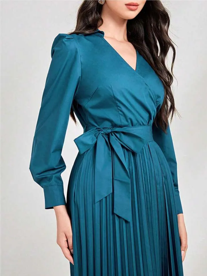 CM-DS800036 Women Elegant Seoul Style Solid Color Pleated Hem Wrap Belted Dress - Navy Blue