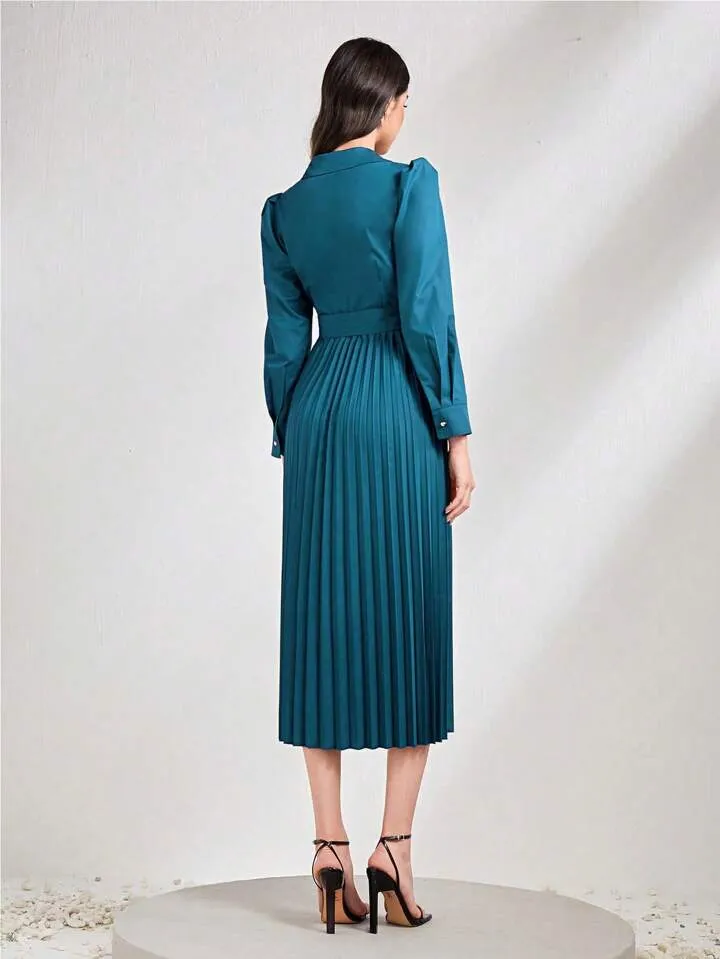 CM-DS800036 Women Elegant Seoul Style Solid Color Pleated Hem Wrap Belted Dress - Navy Blue