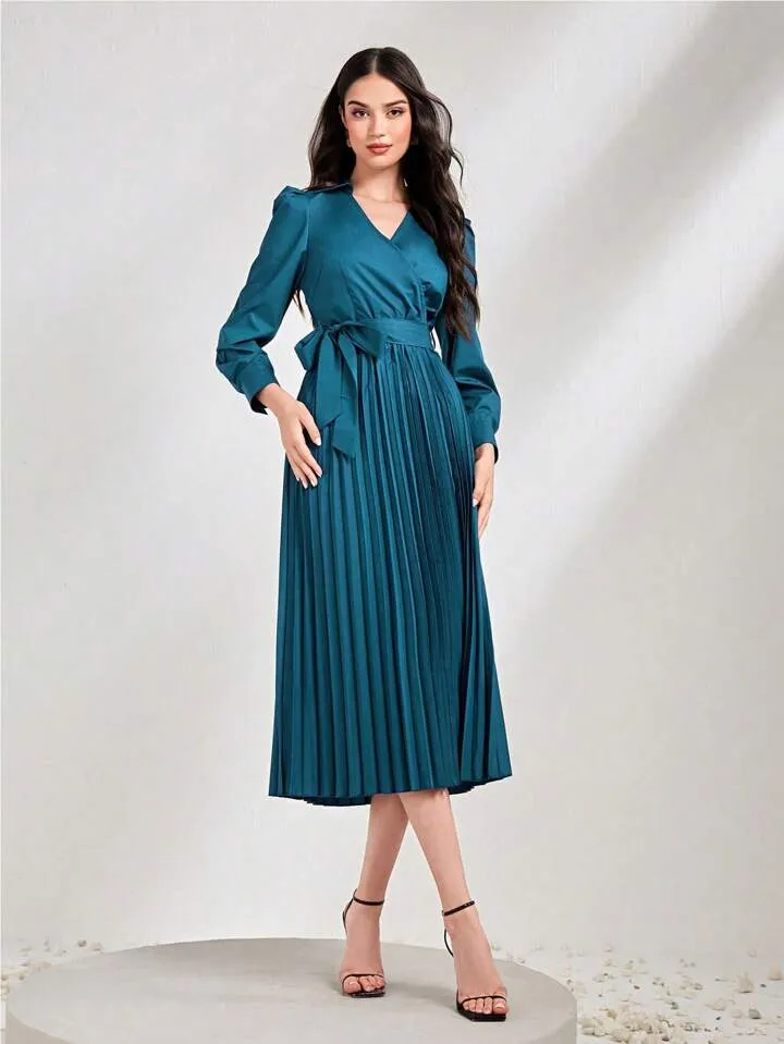 CM-DS800036 Women Elegant Seoul Style Solid Color Pleated Hem Wrap Belted Dress - Navy Blue