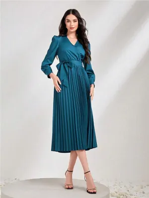 CM-DS800036 Women Elegant Seoul Style Solid Color Pleated Hem Wrap Belted Dress - Navy Blue