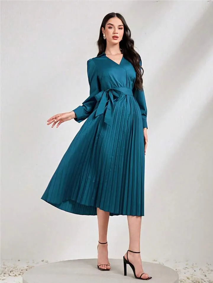 CM-DS800036 Women Elegant Seoul Style Solid Color Pleated Hem Wrap Belted Dress - Navy Blue