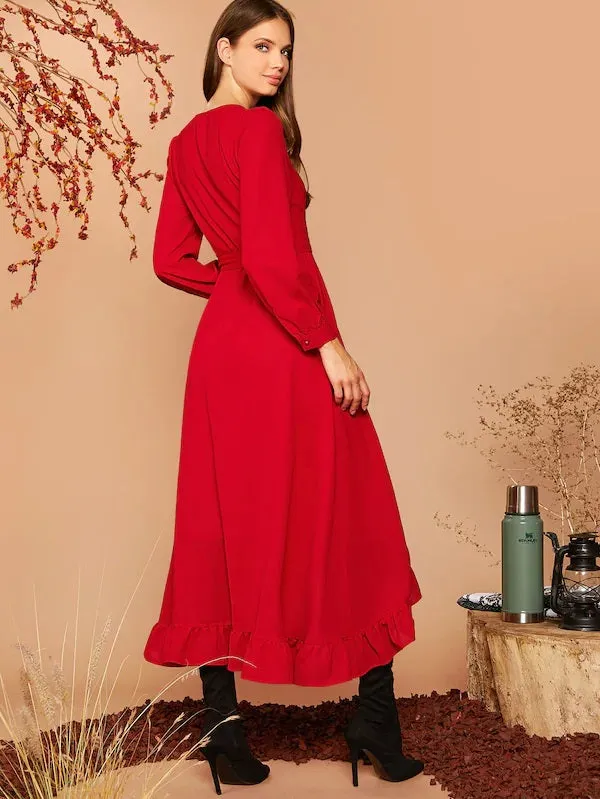 CM-DS801788 Women Elegant Seoul Style Surplice Neck Ruffle Hem Wrap Belted Dress - Red