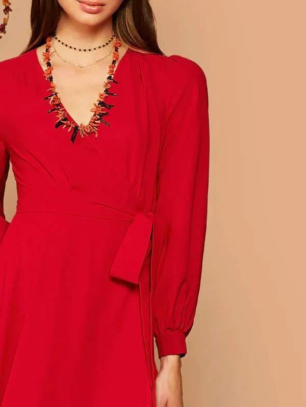 CM-DS801788 Women Elegant Seoul Style Surplice Neck Ruffle Hem Wrap Belted Dress - Red