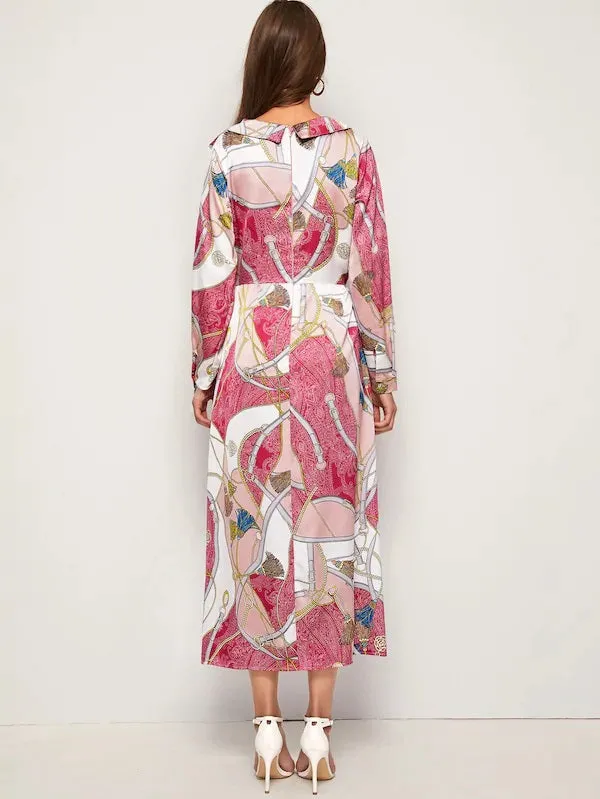 CM-DS809239 Women Casual Seoul Style Chain Print Zip Back Twist Front Satin Dress