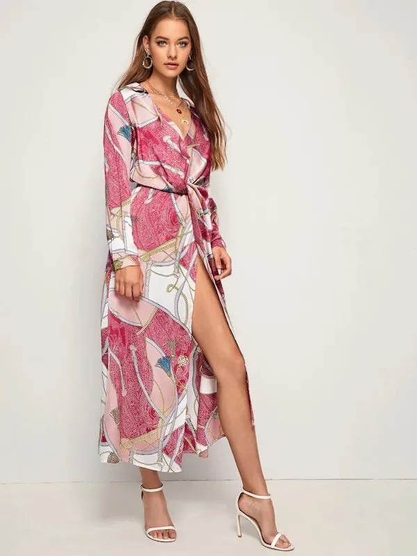 CM-DS809239 Women Casual Seoul Style Chain Print Zip Back Twist Front Satin Dress