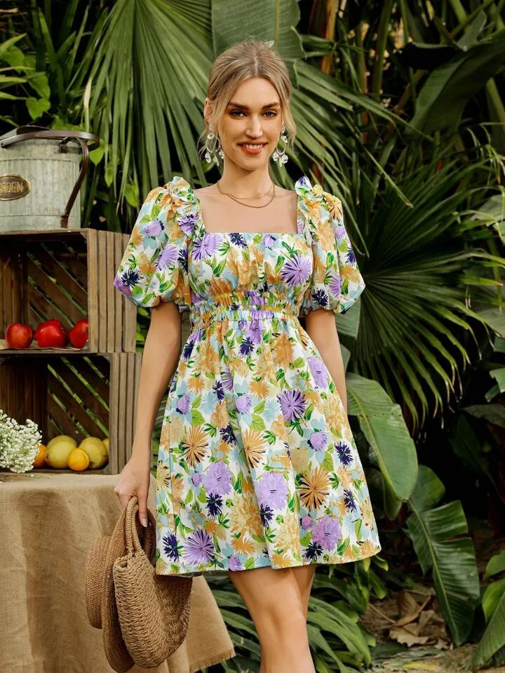 CM-DS825775 Women Trendy Bohemian Style Floral Print Square Neck Puff Sleeve Dress
