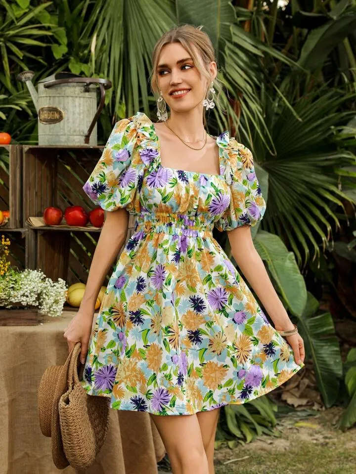 CM-DS825775 Women Trendy Bohemian Style Floral Print Square Neck Puff Sleeve Dress