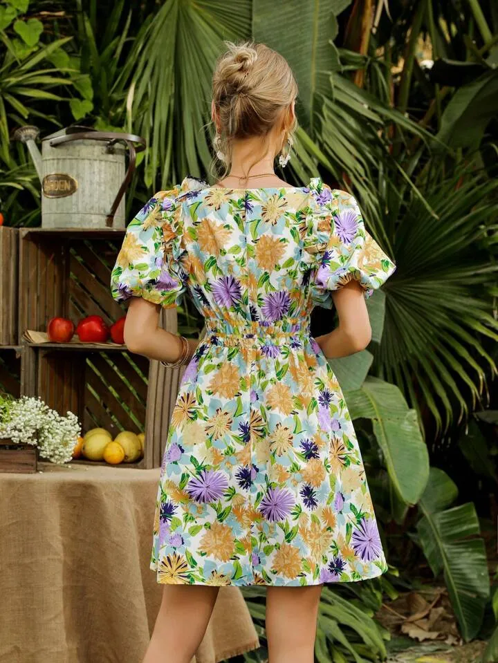 CM-DS825775 Women Trendy Bohemian Style Floral Print Square Neck Puff Sleeve Dress