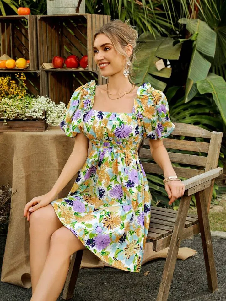 CM-DS825775 Women Trendy Bohemian Style Floral Print Square Neck Puff Sleeve Dress