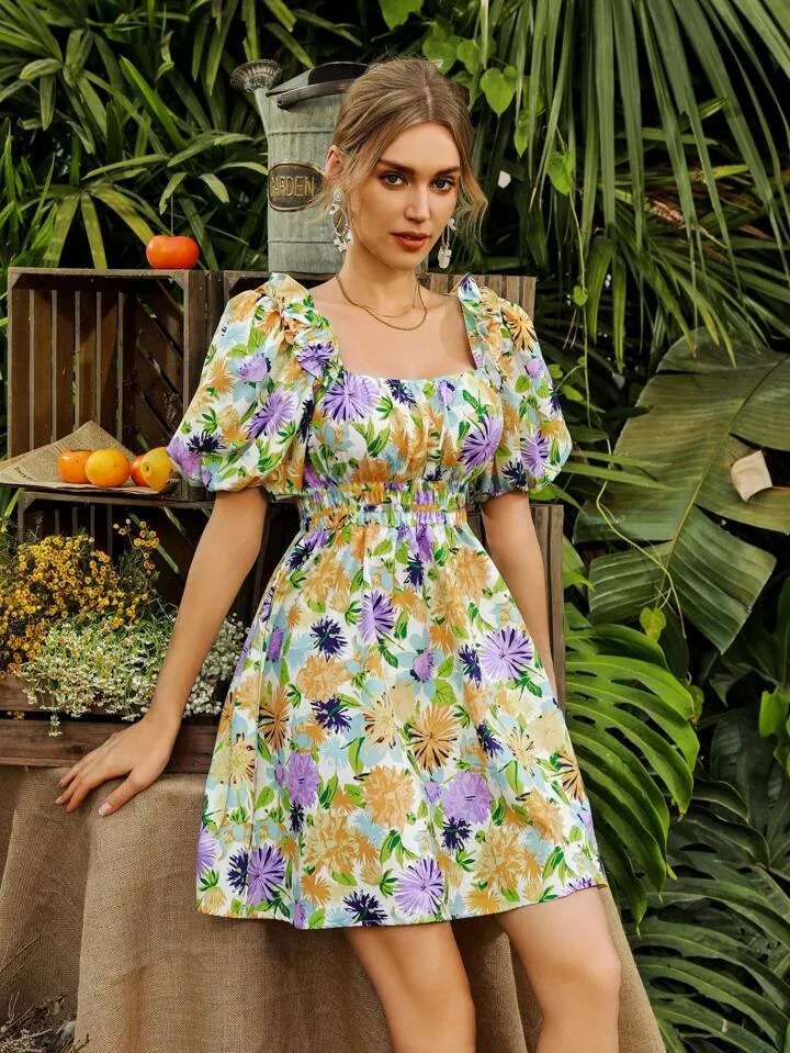 CM-DS825775 Women Trendy Bohemian Style Floral Print Square Neck Puff Sleeve Dress