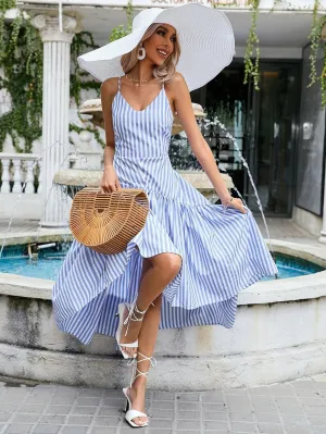 CM-DS889112 Women Trendy Bohemian Style Striped High Low Hem Cami Dress
