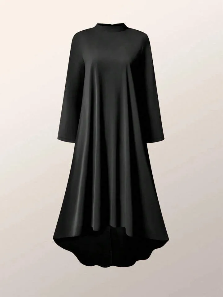 CM-DS942692 Women Elegant Seoul Style High Collar Long Sleeve Mid-Length Dress - Black
