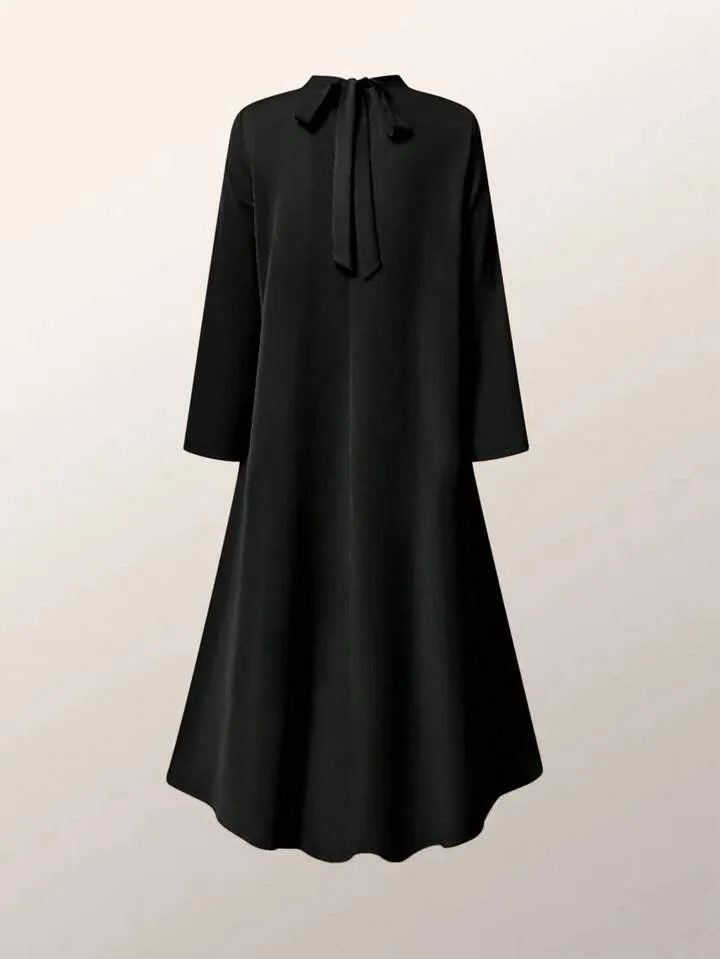 CM-DS942692 Women Elegant Seoul Style High Collar Long Sleeve Mid-Length Dress - Black
