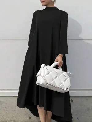 CM-DS942692 Women Elegant Seoul Style High Collar Long Sleeve Mid-Length Dress - Black