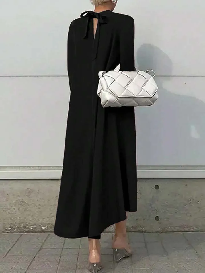 CM-DS942692 Women Elegant Seoul Style High Collar Long Sleeve Mid-Length Dress - Black
