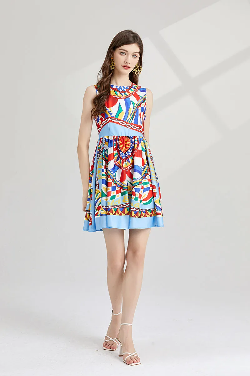CM-DY000339 Women Elegant European Style Printing Round Neck High Waist Mini Dress