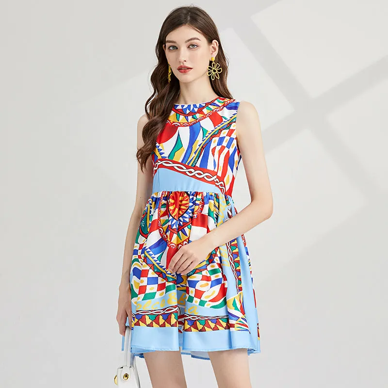 CM-DY000339 Women Elegant European Style Printing Round Neck High Waist Mini Dress